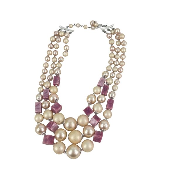 Vintage Three-Strand Pearl & Amethyst Bead Necklace retro 1950s - Picture 3 of 7